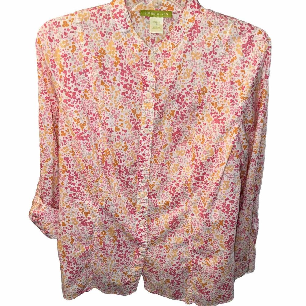 Sigrid Olsen floral spring summer‎ cotton button-down shirt Large Petite Spring